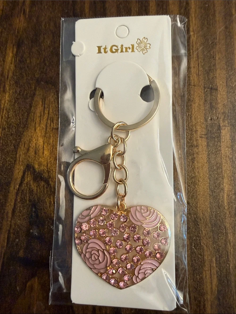Pretty in Pink Rhinestone Crystal Heart Keychain Charm w/Rose Motif